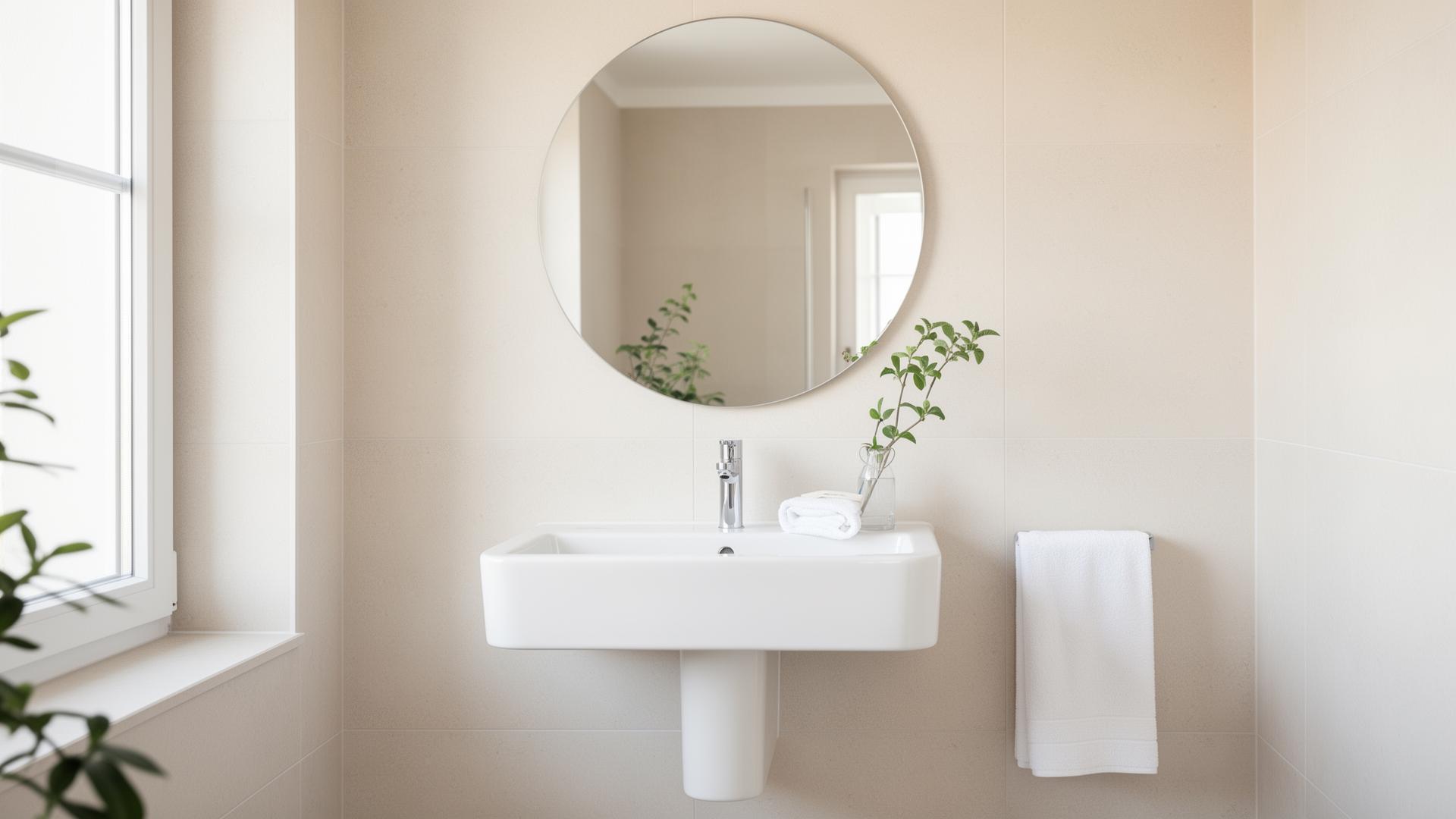 Sauberes, gepflegtes Badezimmer mit Lavabo und Spiegel